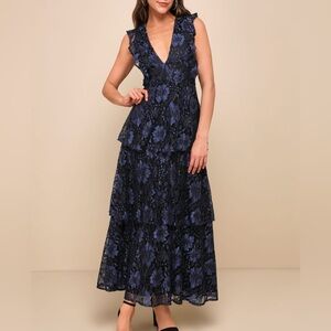 Lulu's Blue and Navy Lace Tiered Sleeveless Maxi Dress